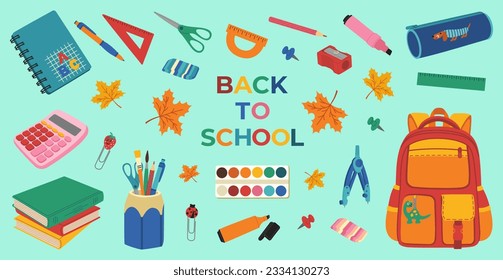 Back to school banner with school elements. Backpack, textbooks, calculator, pencil case, paints, pens, notebook, clip. Hand drawn vector illustration isolated on green background, flat cartoon style.