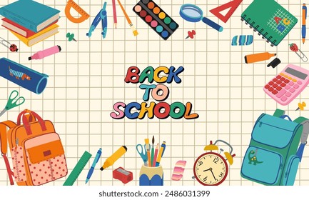 Back to school banner with school elements. Backpack, textbooks, calculator, pencil case, paints, pens, notebook, magnifying glass, alarm, markers. Hand drawn vector illustration, flat cartoon style.