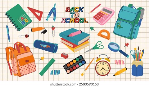 Back to school banner with school elements. Backpack, textbooks, calculator, pencil case, paints, pens, notebook, magnifying glass, alarm, markers. Hand drawn vector illustration, flat cartoon style.