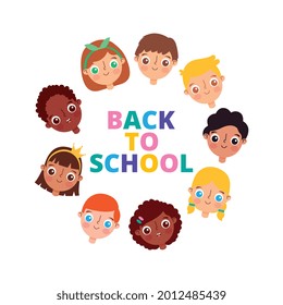 back to school banner with faces children isolated over white background. vector illustration
