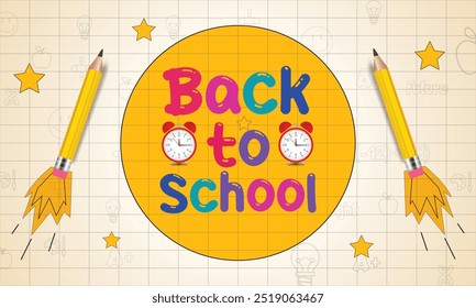 Back to school banner featuring an alarm clock, checkered paper, colorful pencils, and various learning items on hand-drawn doodles.