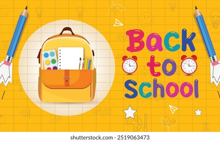 Back to school banner featuring an alarm clock, checkered paper, colorful pencils, and various learning items on hand-drawn doodles.