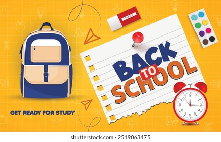 Back to school banner featuring an alarm clock, checkered paper, colorful pencils, and various learning items on hand-drawn doodles.
