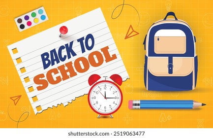 Back to school banner featuring an alarm clock, checkered paper, colorful pencils, and various learning items on hand-drawn doodles.