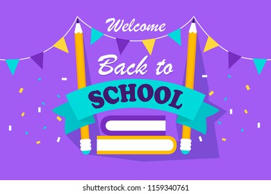 back to school banner in a flat cartoon style with a ribbon and flags. vector illustration