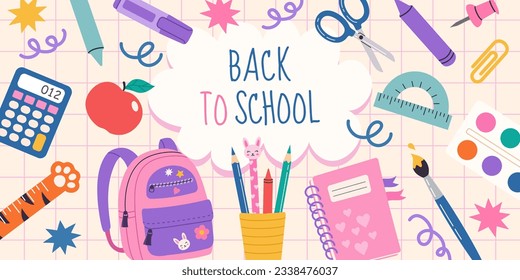 Back to school banner. Flat cartoon hand draw illustration. Vector design with school supplies: backpack, notebook, ruler, pencils. Perfect for social media, web ads, print, flyers, cards.