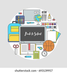 Back to school banner flat line education icon set in circle. School supplies book, bag, pencil, paint, pen, brush, computer, etc. Vector illustration