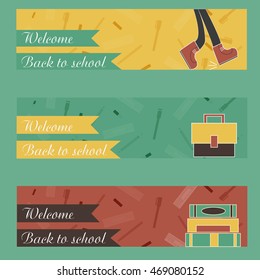 Back to School banner in flat style design with icons and lettering for report header, presentation, printing, flyer and landing page. Vector