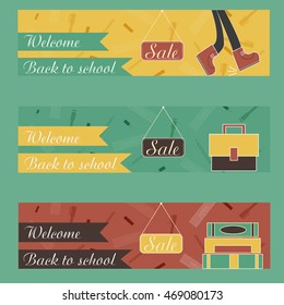 Back to School banner in flat style design with icons and lettering for report header, presentation,cards,  printing, flyer and landing page. Vector