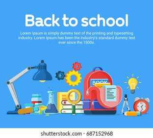 Back to school banner in flat style. Beginning of the school year. Red backpack, lamp and other school items. Isolated objects on a blue background. Template for ads and website. Vector illustration.