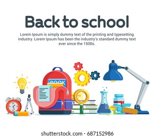 Back to school banner in flat style. Beginning of the school year. Red backpack, books and other school items. Isolated objects on a white background. Template for ads and website. Vector illustration