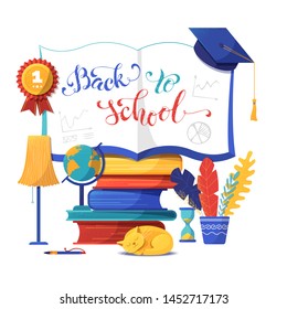 Back to school banner flat vector template. Open notebook illustration with calligraphy. Cartoon textbooks stack and sleeping cat isolated clipart. Education and knowledge poster design