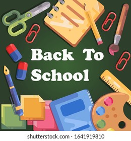 back to school banner flat vector style,stationery supplies for education on blackboard background,vector illustration