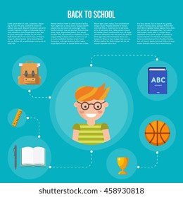 Back to school banner with flat vector icons. Knowledge and science stickers. Education concept.