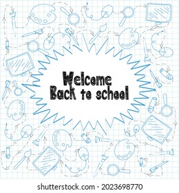 Back to school banner, flyer, flyer in cartoon form. Template for school. Pen, brush, test tube, monitor, computer mouse, magnifier, arrows. Vector illustration