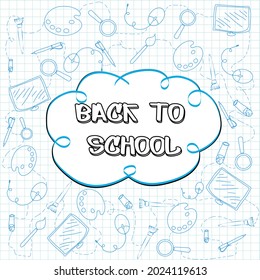 Cartel, volante, volante de vuelta a la escuela en forma de caricatura. Plantilla para la escuela. Pluma, cepillo, tubo de prueba, monitor, ratón de ordenador, lupa, flechas. Ilustración del vector