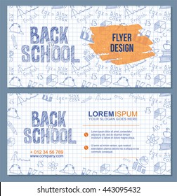 Back to school banner or flyer template set with different objects. Vector Brochure design
