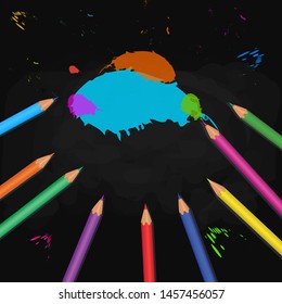 Back to school banner with frame of colorful pencils isolated on abstract black chalkboard background with paint splashes and splatter. Design element for poster, flyer, school supplies. Copy space