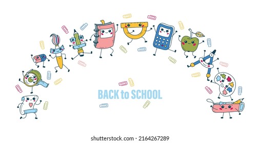 Back to School Banner. Frame from Cute School Supplies. Dancing Happy Education Characters. Vector illustration for kids. Kawaii Style.