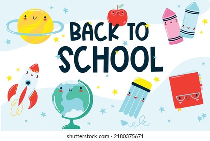 Back to school banner. Frame from cute kawaii school supplies. Happy vector cartoon character for kids