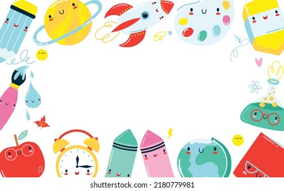 Back to school banner. Frame from cute kawaii school supplies. Happy vector cartoon character for kids