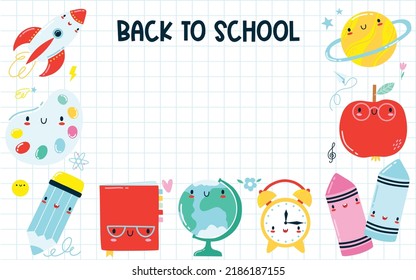 Back to school banner. Frame from cute kawaii school supplies. Happy vector cartoon character for kids