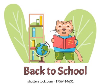 Back to school banner. Funny cartoon animal schoolboy. Smart cat student in glasses holding a book. Pupil standing near bookshelf and reading. Elementary school education concept primary school year