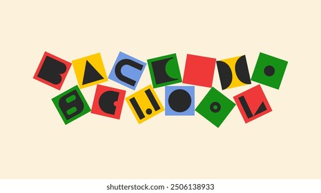 Back to School Banner. Geometric brutalism shape cubes set. Bauhaus minimalistic colorful elements, fashionable Y2K signs. Children's Banner with Cubes. Education concept. Vector set