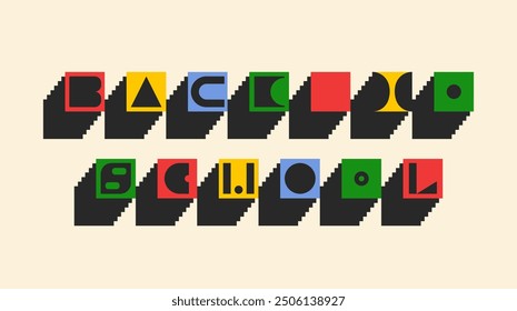 Back to School Banner in Geometric Style. Geometric abstract shape set, funky retro brutal minimal art. Pixel Art Education Concept. Memphis y2k elements. Vector contemporary form constructor
