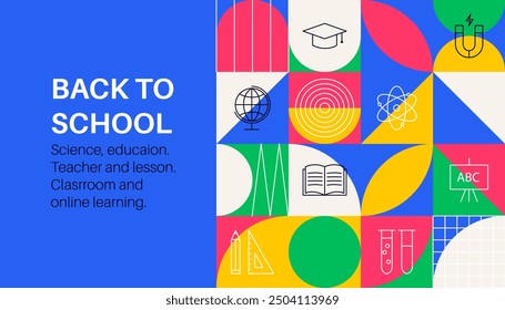 Back to School Banner Geometrical. Science Vector Illustration of  Education Background Concept. Learn University Symbol Promotion.