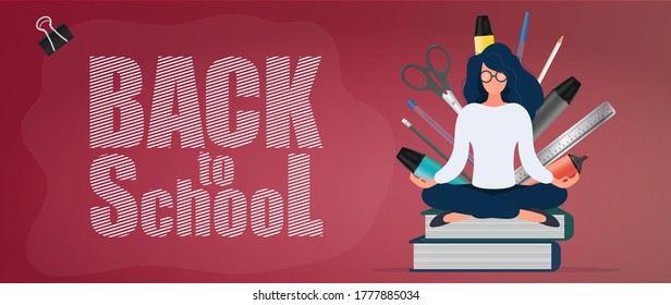 Back to school banner. A girl with glasses sits on a stack of books. Stationery, leather sheaths, pens, pencils, markers, ruler. Concept for the start of the school season. Vector.