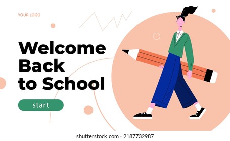 Back to School banner. Girl walkig with pencil. Character illustration for design online classes or seminar banner, ads, landing page, application.