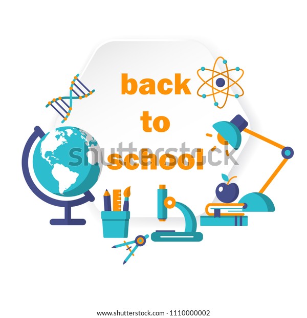 Back to school banner with globe lamp microscope\
and other school supplies vector illustration. Flat style design\
for web site media print info graphic. Knowledge education and\
e-learning concept