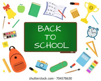 Back to school banner with green blackboard and student items on white background