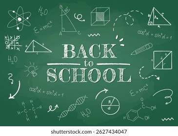 Back to School banner with green school board and Chalk hand drawn doodle elements. Vector design template for background, poster, card, sale.
