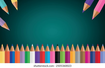 Back To School banner green desk background with colored pencils. Vector green blackboard with colored pencils Back To School background template,