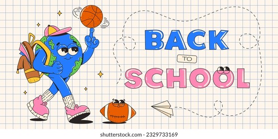 Back to school banner. Groovy retro cartoon character. Cute earth planet with backpack and ball. Contemporary vector illustration.