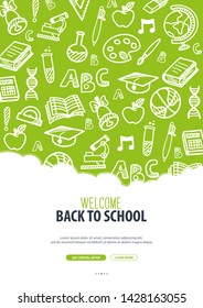 Back to School banner with hand drawn doodle background. Vector illustration