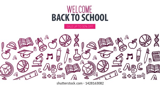 Back to School banner with hand drawn doodle background. Vector illustration