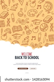 Back to School banner with hand drawn doodle background. Vector illustration