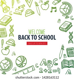 Back to School banner with hand drawn doodle background. Vector illustration