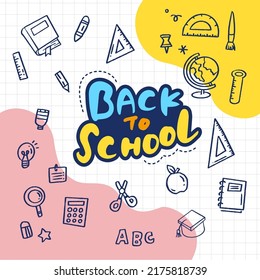 Back to School banner with hand drawn line art icons of education