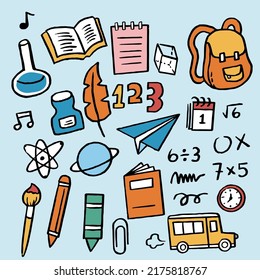 Banner von Zurück zur Schule mit handgezeichneten Kunstsymbolen für Bildung