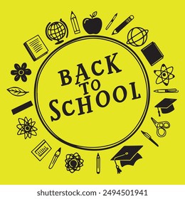 Back to School banner with hand drawn line art icons of education, science objects and office supplies, school supplies.