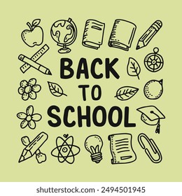 Back to School banner with hand drawn line art icons of education, science objects and office supplies, school supplies.