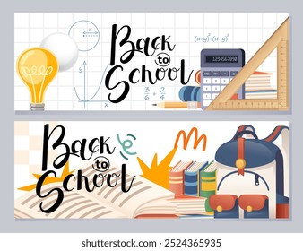 Anuncio de vuelta a la escuela. Texto escrito a mano con mochila escolar, libros, Regla y calculadora Elementos educativos. Ilustración vectorial