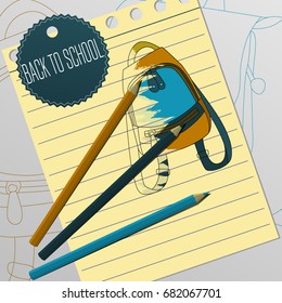 Back to school banner. Handdrawn backpack on a yellow notebook page  vector pencils and title sticker. Template design flat colored pen pencil book board border educate study flyer greeting card