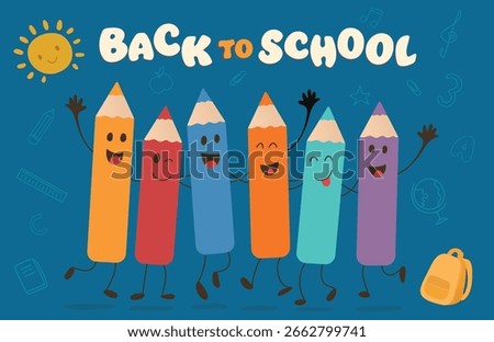 Back to school banner with happy cartoon pencils celebrating learning on the first day of school