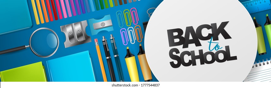 Back to School banner or header. Education stationery supplies for students and teachers on blue background. 3d realistic illustration. 