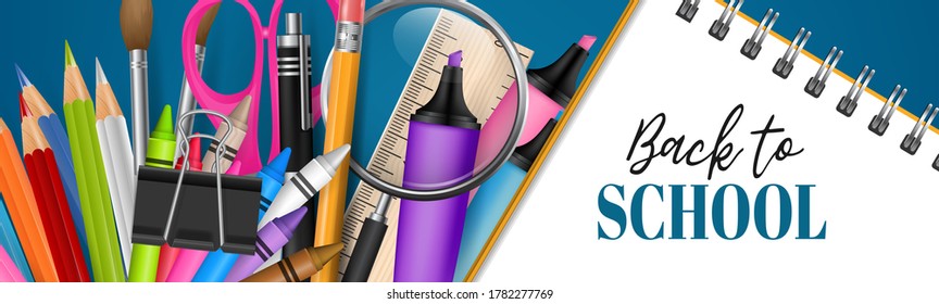 Back to School banner or header. Education stationery supplies for students and teachers on blue background. 3d realistic illustration. 